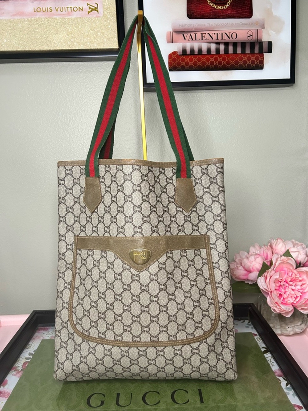 Vintage Gucci Plus GG Supreme Web Stripe Tote Bag Beige Monogram Canvas w/ COA